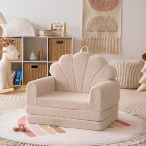Blissful Diary Kids Couch. 2-in-1 Soft Toddler Couch Fold Out. Toddler Chair Comfy. Convertible Sofa to Lounger. Kids Furniture for Playroom. Gift for Birthday. Children's Day. Beige Shell