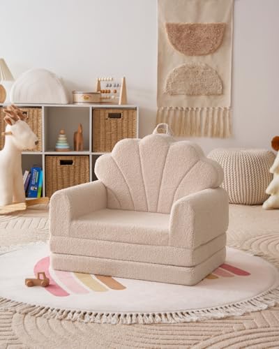 Blissful Diary Kids Couch. 2-in-1 Soft Toddler Couch Fold Out. Toddler Chair Comfy. Convertible Sofa to Lounger. Kids Furniture for Playroom. Gift for Birthday. Children's Day. Beige Shell
