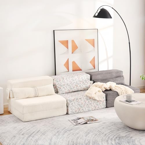 Tiita Folding Sofa Bed Couch.Single Size Foldable Futon Chair Bed with Pillow. Folding Sleeper Sofa Chair Bed Floor Mattress for Guest Room. Living Room. Beige