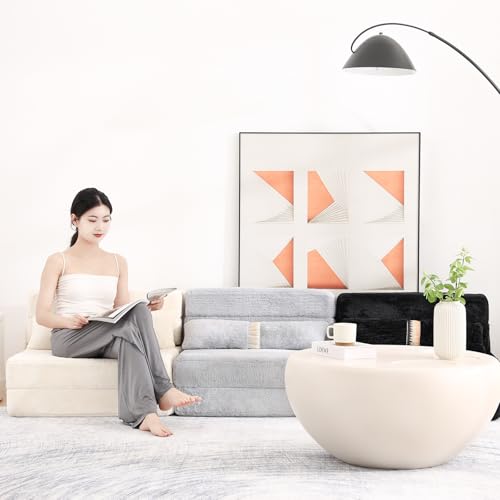 Tiita Folding Sofa Bed Couch.Single Size Foldable Futon Chair Bed with Pillow. Folding Sleeper Sofa Chair Bed Floor Mattress for Guest Room. Living Room. Beige