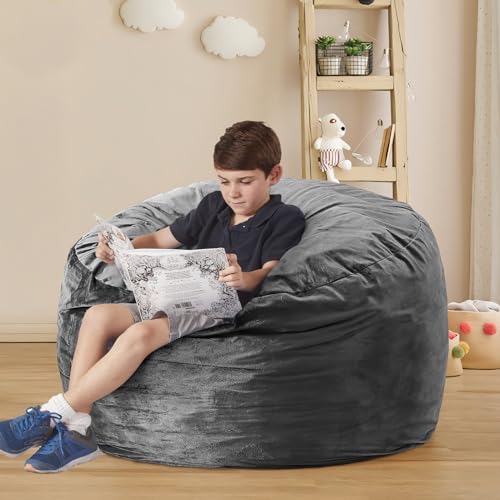 ILPEOD Bean Bag Chairs for Adults - 3' Memory Foam Furniture BeanBag - Kids/Teens Sofa with Soft Micro Fiber Cover - Round Fluffy Couch for Living Room Bedroom College Dorm - 3 ft. Grey