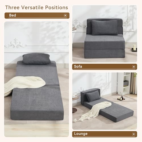 WUTUTUEE Folding Sofa Bed Convertible Floor Couch Foldable Chair Bed with Pillow.Linen Sleeper Chair Futon.Foldable Memory Foam Mattress for Bedroom/Living Room/Dorm/Office (Dark Grey. Single)