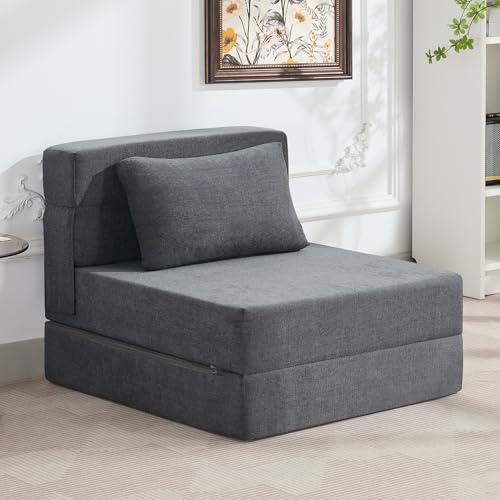 WUTUTUEE Folding Sofa Bed Convertible Floor Couch Foldable Chair Bed with Pillow.Linen Sleeper Chair Futon.Foldable Memory Foam Mattress for Bedroom/Living Room/Dorm/Office (Dark Grey. Single)