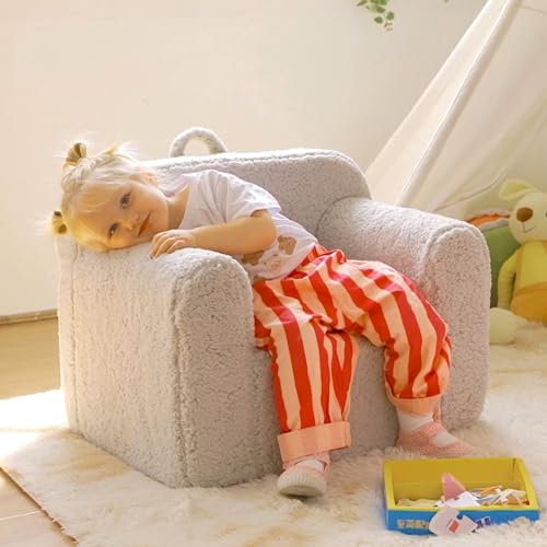 ALIMORDEN Kids Ultra-Soft Snuggle Foam Filled Chair. Toddler Cuddly Sherpa Reading Couch for Boys and Girls. Light Grey