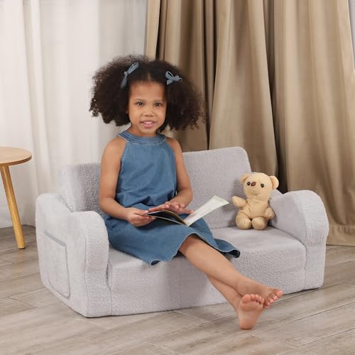 BestRoyal Extra Wide Toddler Chair. 2-in-1 Toddler Couch Fold Out. Convertible Sherpa Sofa to Lounger for Boys & Girls. Grey