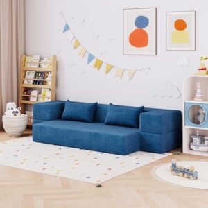 Luoxiao 75'' Folding Futon Sofa Bed 2-in-1 Convertible Floor Couch with 2 Pillows Foldable Sleeper Chair for Small Spaces Mattress Couch for Living Room. Guest. Playroom. Apartment Twin. Navy Blue