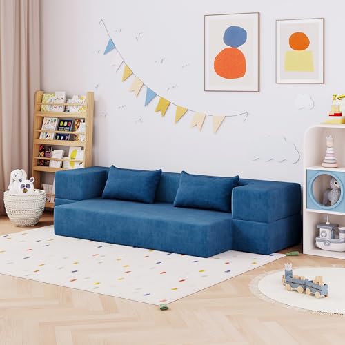Luoxiao 75'' Folding Futon Sofa Bed 2-in-1 Convertible Floor Couch with 2 Pillows Foldable Sleeper Chair for Small Spaces Mattress Couch for Living Room. Guest. Playroom. Apartment Twin. Navy Blue
