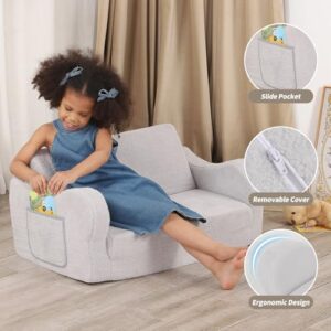 BestRoyal Extra Wide Toddler Chair. 2-in-1 Toddler Couch Fold Out. Convertible Sherpa Sofa to Lounger for Boys & Girls. Grey