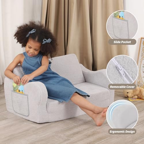 BestRoyal Extra Wide Toddler Chair. 2-in-1 Toddler Couch Fold Out. Convertible Sherpa Sofa to Lounger for Boys & Girls. Grey