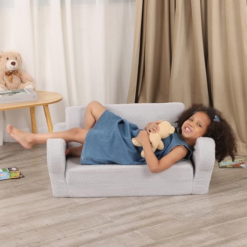 BestRoyal Extra Wide Toddler Chair. 2-in-1 Toddler Couch Fold Out. Convertible Sherpa Sofa to Lounger for Boys & Girls. Grey