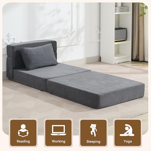 WUTUTUEE Folding Sofa Bed Convertible Floor Couch Foldable Chair Bed with Pillow.Linen Sleeper Chair Futon.Foldable Memory Foam Mattress for Bedroom/Living Room/Dorm/Office (Dark Grey. Single)
