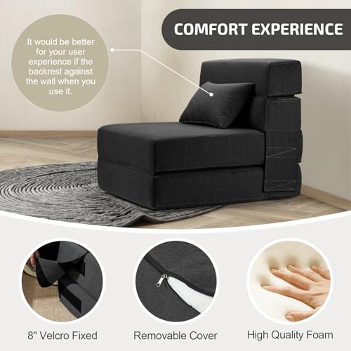 SUYOLS Folding Sofa Bed with Pillow- Convertible Chair Floor Couch & Sleeping Mattress. Foldable Memory Foam Sleeper for Living Room/Dorm/Guest Room/Home Office/Apartment/Loft. Single26. Dark Gray