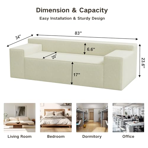 Modern 3-Seater Sofa. Hybrid Sofa in a Box. No Assembly Required. Comfy Sofa Couch with 3 Matching Pillows. Cat-Scratch Resistant Linen. Couch for Living Room or Bedroom. Beige