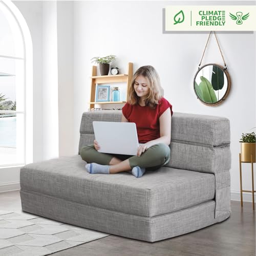 ANONER 60 Folding Sleeper Chair Sofa Bed Lazy Couch with 2 Pillows. Queen Size Memory Foam Washable Cover. Light Gray