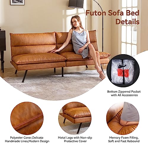 Opoiar Convertible Armless Futon Sofa Bed.3'' Memory Foam Modern Loveseat Couch.71'' L Sleeper Bed.Small Splitback Faux Leather for Living Room.Home Office.Apartment.Brown.534brown