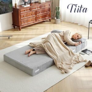 Tiita Folding Sofa Bed with Pillow Single Size Mattress&Plush Fabric with Portable Storage Bag.Floor Lounger Chair Bed for Living Room.Guest Room.Dorm.Apartment.Upstairs Loft.Home Office.White Gray