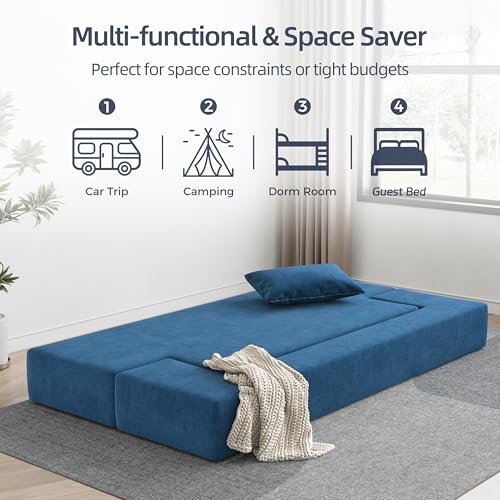 Luoxiao 75'' Folding Futon Sofa Bed 2-in-1 Convertible Floor Couch with 2 Pillows Foldable Sleeper Chair for Small Spaces Mattress Couch for Living Room. Guest. Playroom. Apartment Twin. Navy Blue