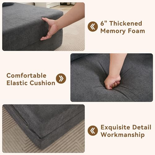 WUTUTUEE Folding Sofa Bed Convertible Floor Couch Foldable Chair Bed with Pillow.Linen Sleeper Chair Futon.Foldable Memory Foam Mattress for Bedroom/Living Room/Dorm/Office (Dark Grey. Single)
