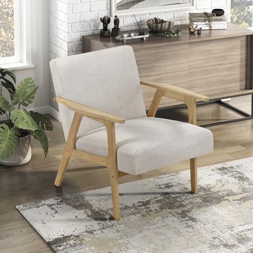 Lexicon Mid Century Modern Accent Chair. Upholstered Lounge Armchair. Single Sofa Seat. Natural Finish Solid Wood Framed Comfy Side Chairs for Living Room/Bedroom/Office/Waiting Area. Beige