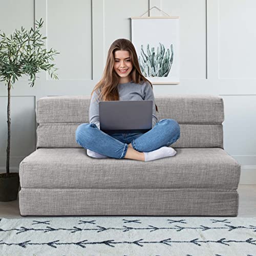 ANONER 60 Folding Sleeper Chair Sofa Bed Lazy Couch with 2 Pillows. Queen Size Memory Foam Washable Cover. Light Gray