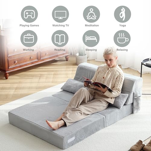 Tiita Folding Sofa Bed with Pillow Single Size Mattress&Plush Fabric with Portable Storage Bag.Floor Lounger Chair Bed for Living Room.Guest Room.Dorm.Apartment.Upstairs Loft.Home Office.White Gray