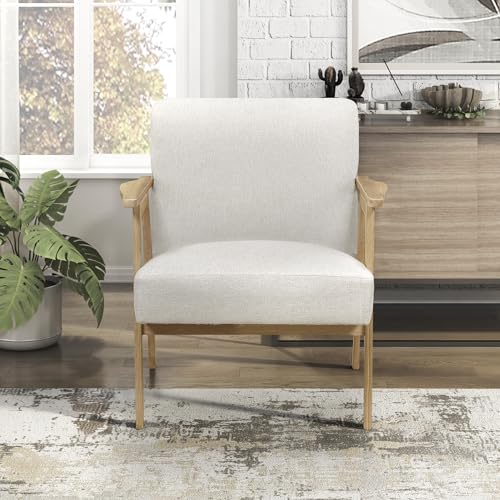 Lexicon Mid Century Modern Accent Chair. Upholstered Lounge Armchair. Single Sofa Seat. Natural Finish Solid Wood Framed Comfy Side Chairs for Living Room/Bedroom/Office/Waiting Area. Beige