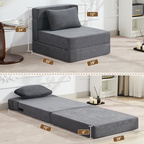 WUTUTUEE Folding Sofa Bed Convertible Floor Couch Foldable Chair Bed with Pillow.Linen Sleeper Chair Futon.Foldable Memory Foam Mattress for Bedroom/Living Room/Dorm/Office (Dark Grey. Single)