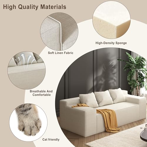 Modern 3-Seater Sofa. Hybrid Sofa in a Box. No Assembly Required. Comfy Sofa Couch with 3 Matching Pillows. Cat-Scratch Resistant Linen. Couch for Living Room or Bedroom. Beige