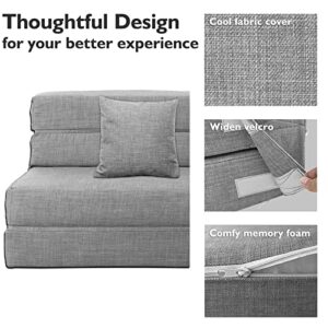 ANONER 60 Folding Sleeper Chair Sofa Bed Lazy Couch with 2 Pillows. Queen Size Memory Foam Washable Cover. Light Gray
