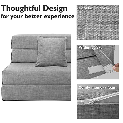 ANONER 60 Folding Sleeper Chair Sofa Bed Lazy Couch with 2 Pillows. Queen Size Memory Foam Washable Cover. Light Gray