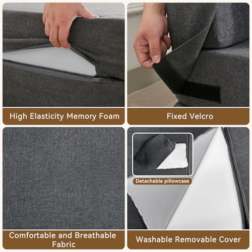 WUTUTUEE Folding Sofa Bed Convertible Floor Couch Foldable Chair Bed with Pillow.Linen Sleeper Chair Futon.Foldable Memory Foam Mattress for Bedroom/Living Room/Dorm/Office (Dark Grey. Single)