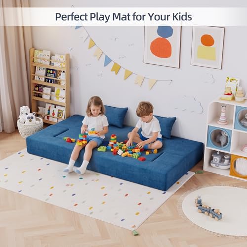 Luoxiao 75'' Folding Futon Sofa Bed 2-in-1 Convertible Floor Couch with 2 Pillows Foldable Sleeper Chair for Small Spaces Mattress Couch for Living Room. Guest. Playroom. Apartment Twin. Navy Blue