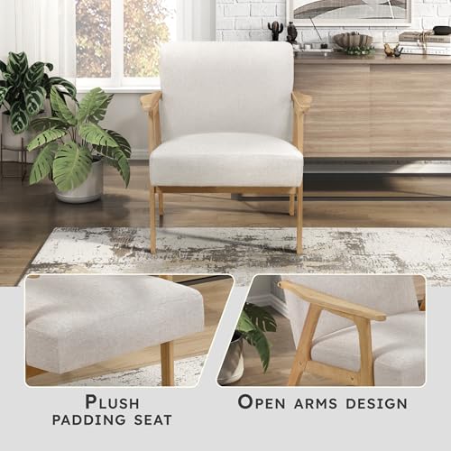 Lexicon Mid Century Modern Accent Chair. Upholstered Lounge Armchair. Single Sofa Seat. Natural Finish Solid Wood Framed Comfy Side Chairs for Living Room/Bedroom/Office/Waiting Area. Beige