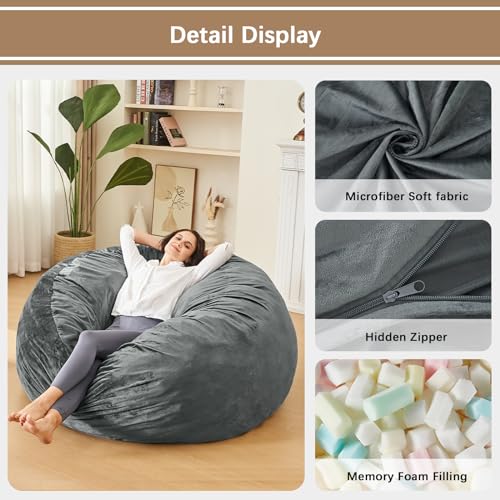 ILPEOD Bean Bag Chairs for Adults - 3' Memory Foam Furniture BeanBag - Kids/Teens Sofa with Soft Micro Fiber Cover - Round Fluffy Couch for Living Room Bedroom College Dorm - 3 ft. Grey